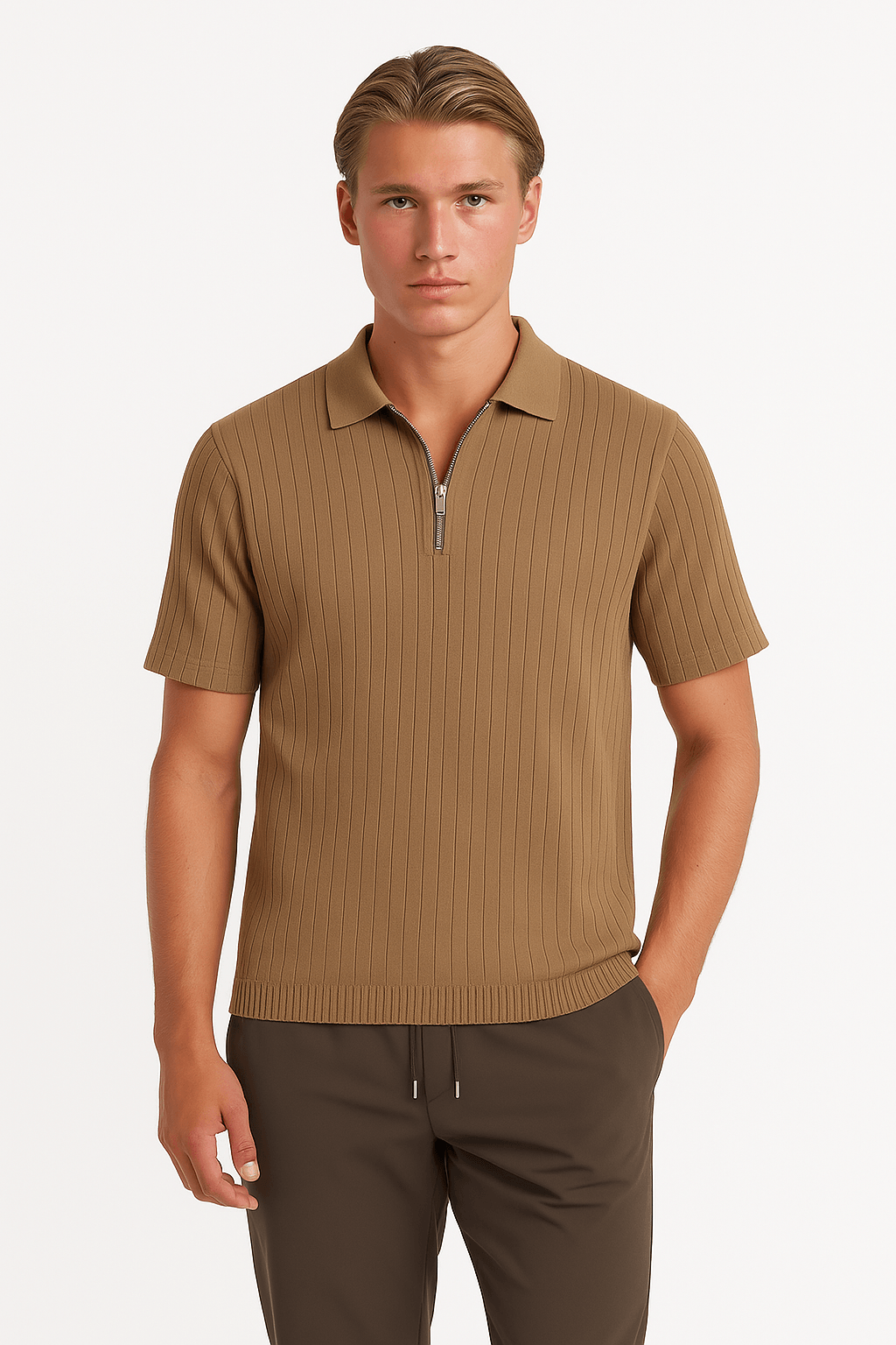THE MODERN ZIP POLO – DARK BEIGE - Whitford Maison
